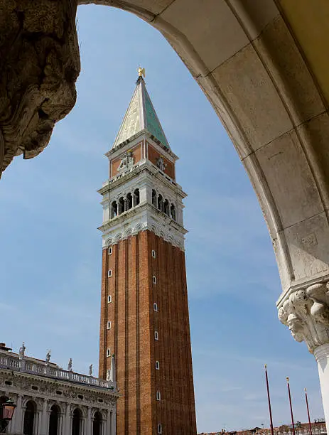 Venice, Italy: St.Mark Belltower architectural detail. It is the bell tower of St Mark's Basilica in Venice, Italy, located in the Piazza San Marco. It is one of the most recognizable symbols of the city.