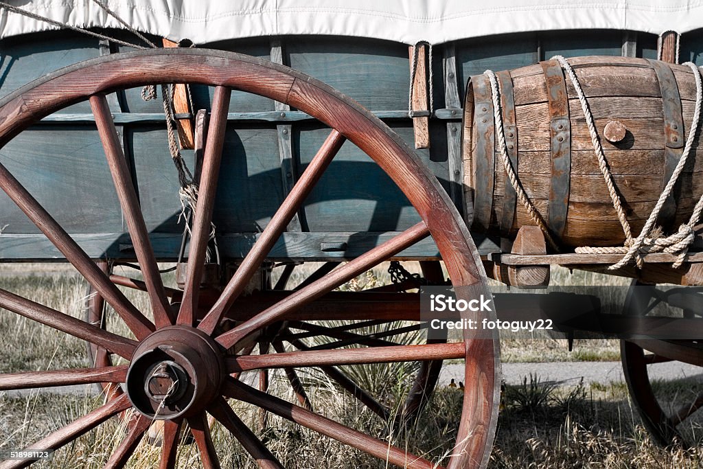 Conestoga Wagon Detail Conestoga wagon at Scotts Bluff National Monument, Nebraska. Westward Expansion Stock Photo