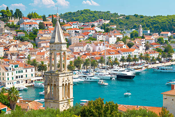Amazing town of Hvar harbor Amazing town of Hvar harbor aerial view, Dalmatia, croatia hvar photos stock pictures, royalty-free photos & images