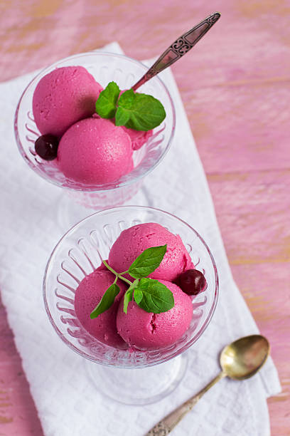 istock Cherry ice cream on a pink background, top view 519005886