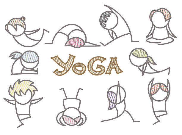 ilustraciones, imágenes clip art, dibujos animados e iconos de stock de conjunto de dibujos animados de yoga de trazado - yoga posture dog cobra