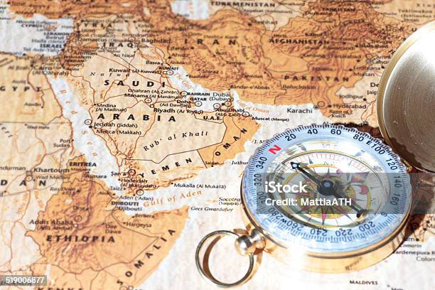 Travel Destination Saudi Arabia Ancient Map With Vintage Compass Stock Photo - Download Image Now