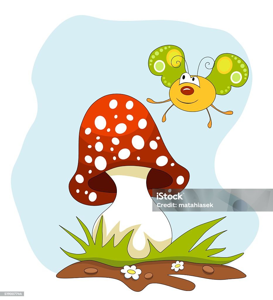 Bướm Hoạt Hình Và Một Cây Nấm Trên Bầu Trời Xanh Hình minh họa Sẵn ...