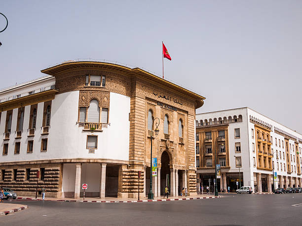 Rabat, Morocco - July 10, 2010: Bank al Maghrib along the street in Rabat, Morocco. People can be seen walking around upon closer inspection.