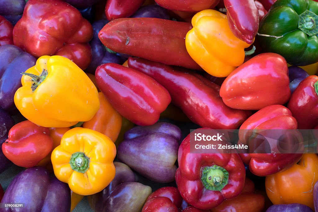 Colorful assortment of healthy peppers A variety of colorful peppers at a Farmer's Market. There is a variety of colors and shapes. Agricultural Fair Stock Photo