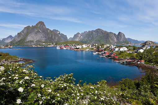 Lofoten islands with typical red fishing hut and towering mountain peaks
