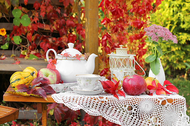 istock Cup of tea with autumn leaves in garden 519008621