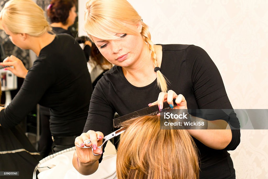 Female Hairdresser at Work Young blond female haidresser cutting hair of a female customer. Adult Stock Photo