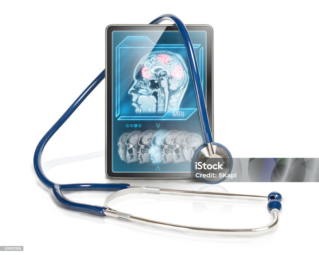Tablet with fMRI Modern medical tablet showing brain activity. Activity Stock Photo