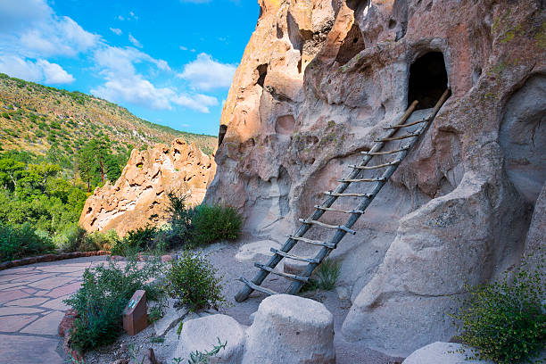 Cave Dwellings and a wooden stair at Bandelier New Mexico near Santa Fe