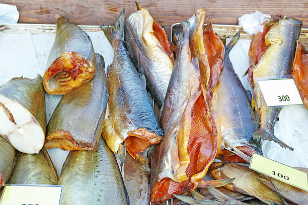 istock Smoked fish on a shop counter 519024515