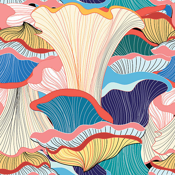 pattern with mushrooms colorful graphic seamless pattern of fungi hypha stock illustrations