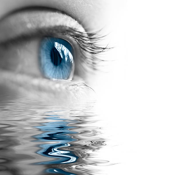 Close up of a blue eye, water reflections