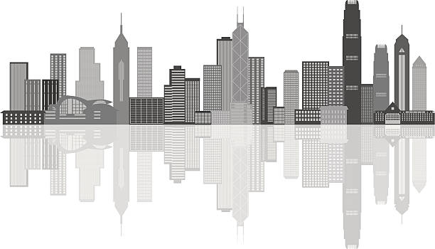 bildbanksillustrationer, clip art samt tecknat material och ikoner med hong kong city skyline grayscale panorama illustration - victoriahamnen