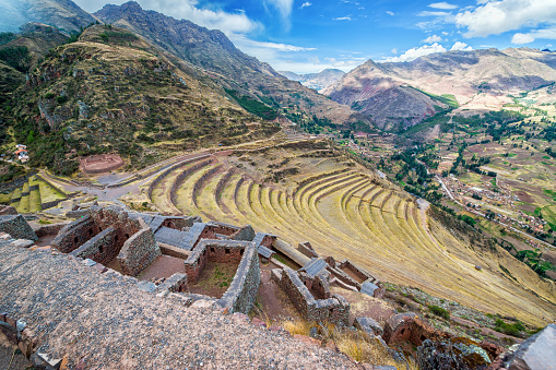 Ruins and terraces at Pisac in the Sacred Valley near Cusco, Peru