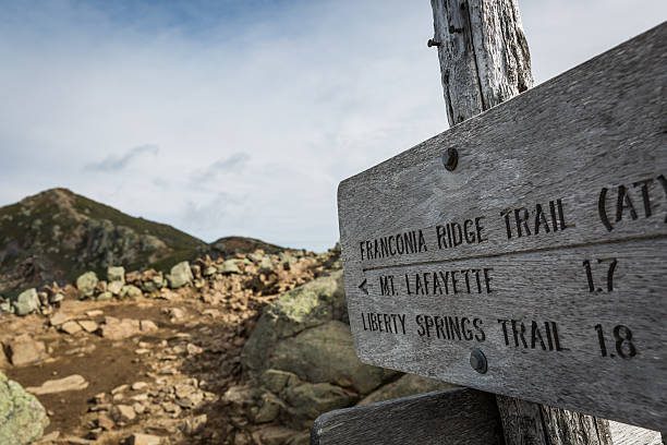 Franconia Ridge Trail Sign, New Hampshire Franconia Ridge Trail Sign, New Hampshire franconia new hampshire stock pictures, royalty-free photos & images