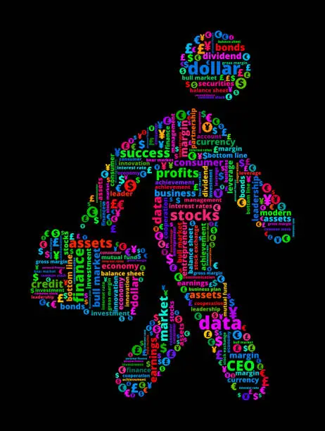 Vector illustration of Stick Figure Businessman on Business and Finance Word Cloud
