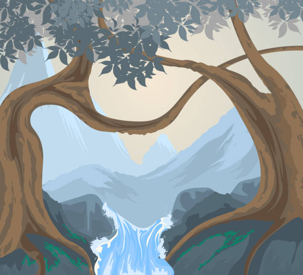 木のシーン - waterfall river tropical rainforest vector点のイラスト素材／クリップアート素材／マンガ素材／アイコン素材
