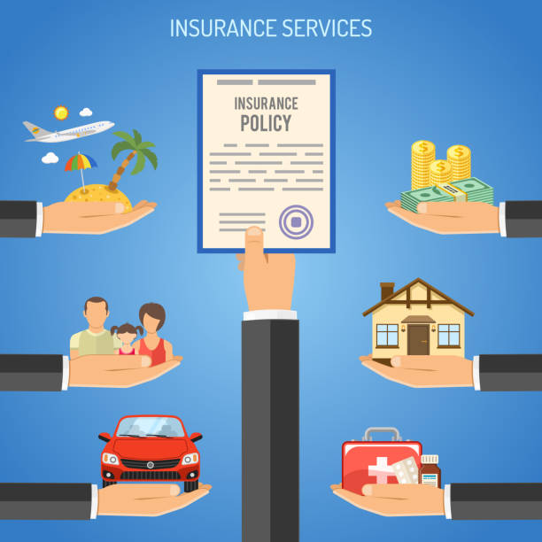 Insurance Services Concept Insurance Services Concept with Flat Icons for Poster, Web Site, Advertising like House, Car, Medical, Travel. insurer stock illustrations