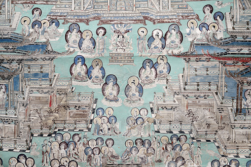 Mural buddhism patterns backgrounds, Mogao caves. The Northern Wei Dynasty (AD 386 onwards), China.