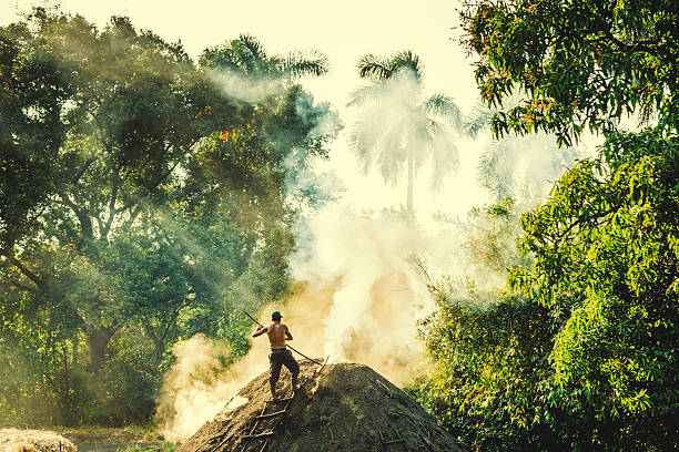 Charcoal producing in Cuba, worker with shovel