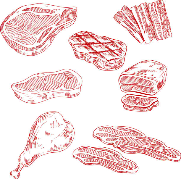 ilustrações de stock, clip art, desenhos animados e ícones de bacon, carne de vaca, carne de porco e carne de frango - steak pork chop bacon