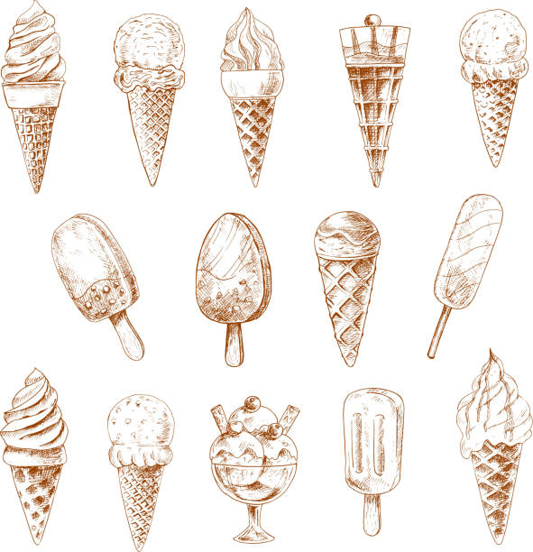 ice cream desserts isolated sketches - meyveli buz illüstrasyonlar stock illustrations