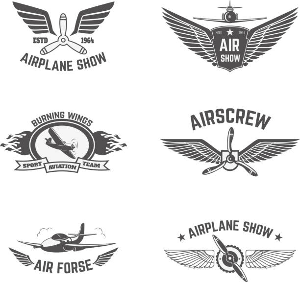 Set of airplane show labels isolated on white background. Air forse. Flying club. Design elements in vector.
