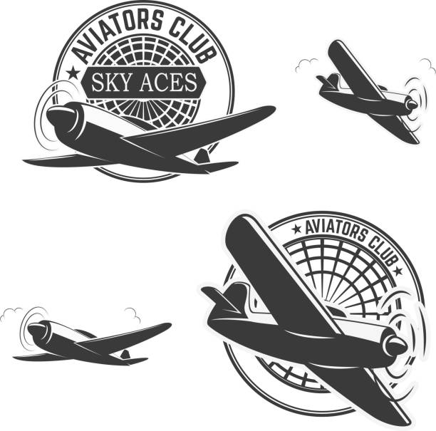 Set of aviators club labels. Planes icons. Avia club emblems. Aeroplane trips. Aviators club logo. Design elements in vector.