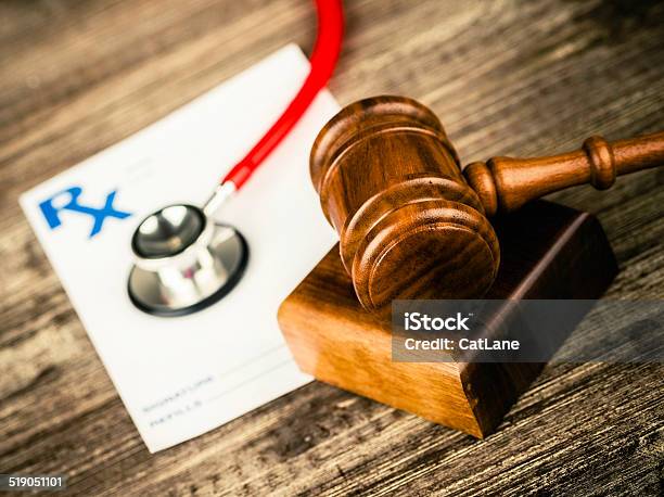 Prescription Form With Stethoscope And Gavel Medical Malpractice Stock Photo - Download Image Now
