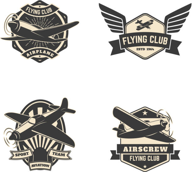 ilustrações, clipart, desenhos animados e ícones de conjunto de rótulos e emblemas voando clube - airplane biplane retro revival old fashioned