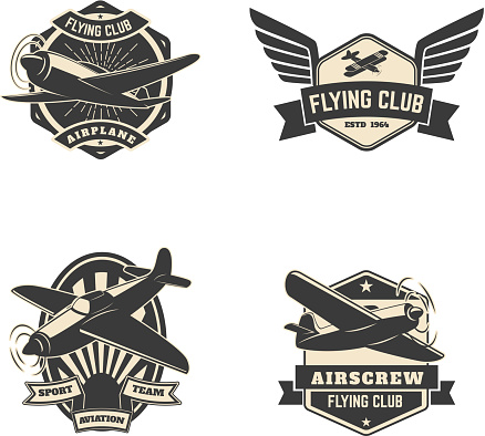 Set of flying club labels and emblems. Aviation labels. Planes icons. Design elements in vector.