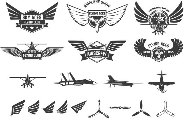 Set of flying club labels and emblems Set of flying club labels and emblems. Planes icons. Avia club emblems. Aeroplane trips. Aviators club logo. Design elements in vector. fighter plane vintage stock illustrations