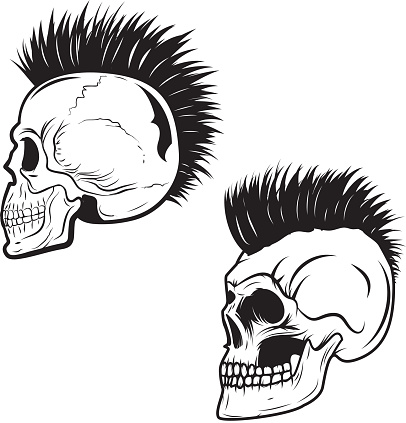 Set of skull with mohawk hairstyle isolated on white background. Skulls with hair. Vector design element.