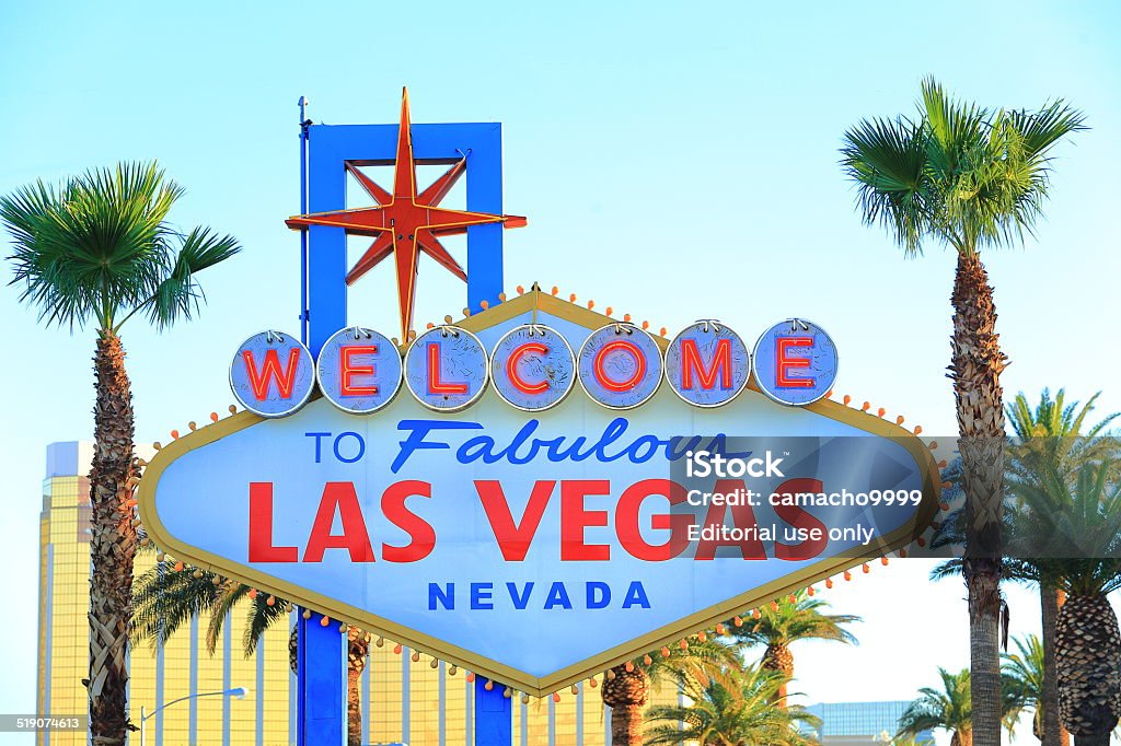 Welcome to Las Vegas Located at Las Vegas Boulevard South, what is known as the entrance of Las Vegas Strip next to McCarran Airport just before the famous hotels, the landmark Welcome to Fabulous Las Vegas Nevada Sign says hello to visitors. Since, 1959, this 25 ft tall (7,6 mts) is one of the most favorite places for tourists to take pictures as memento of their visit to the city. Commercial Sign Stock Photo