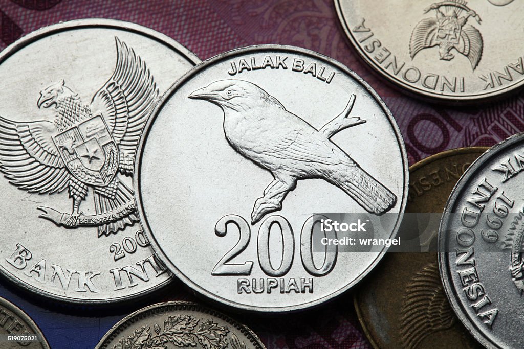 Coins of Indonesia Coins of Indonesia. Bali starling (Leucopsar rothschildi) depicted in the Indonesian 200 rupiah coin. Bali Stock Photo