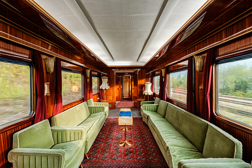 interior of luxury vinitage old train carriage from 1950