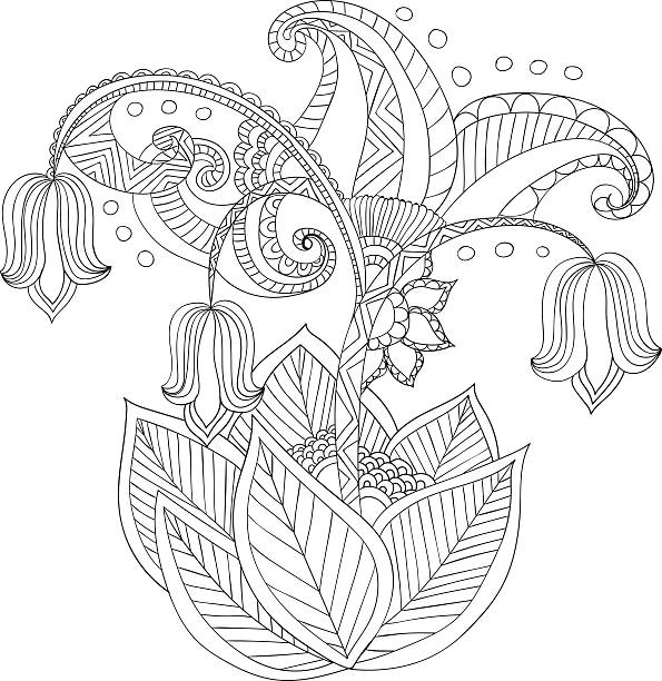 손 드로잉 아티스틱 민족별 관상용 패턴 플로럴 프페임 - black and white scroll shape pattern illustration and painting stock illustrations