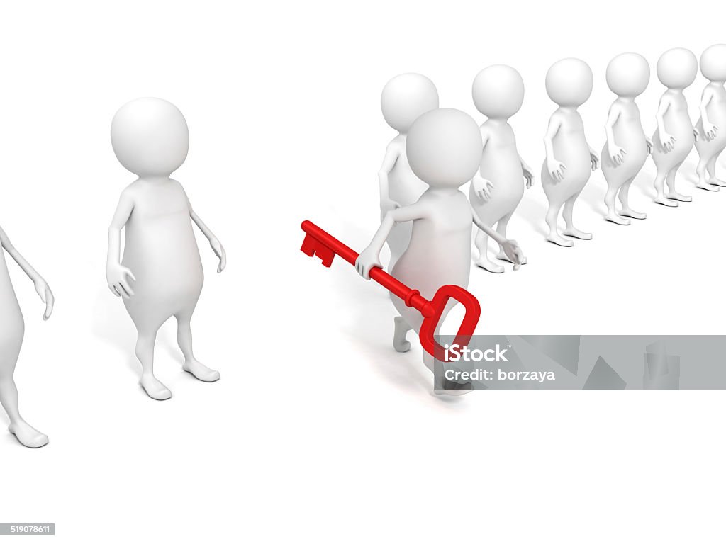 3D man walking forward with red key 3D man walking forward with red key. 3d render illustration Accessibility Stock Photo