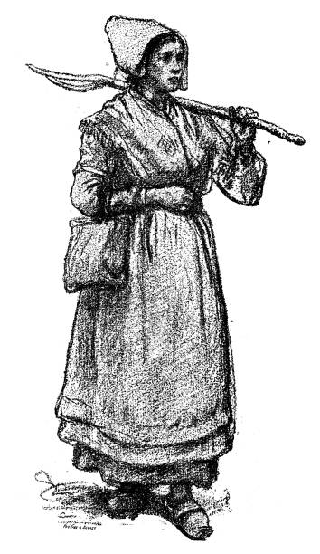 Antique illustration of 19th century young farmer Antique illustration of a young lady, a farmer, with 19th century countryside clothes and headdress. The woman wears a handbag and wooden clogs and holds a pitchfork. Sketch by J.h. Boughton antique pitchfork stock illustrations