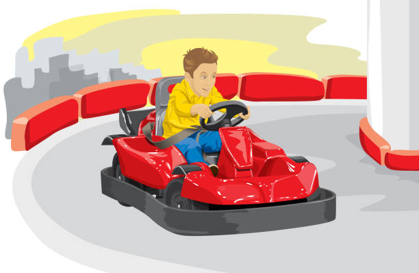 Boy driving go kart Vector illustration of boy driving go kart so happy about it. It contains layer boy with transparency, layer background with transparency extreem weer stock illustrations