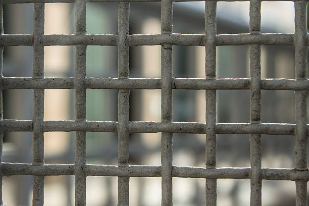 istock METAL RAILS WITH MESH AND BUILDING IN BG 519079691