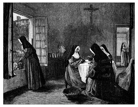 Antique illustration of scene of daily life in a  convent: in a big room with only a crucified Christ on the wall, a table and a dresser, three sisters sit around the table peeling some fruits and putting it in a basket. Another nun is at the window taking a basket of fruit from another nun on the garden. In a second room in the background another nun standing. Engraving by Smeeton and Tilly from a painting by Bonvin