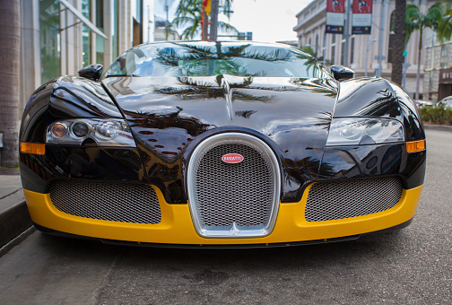 Beverly Hills, USA - February 4, 2014: A Bugatti Veyron parked in Beverly Hills. The Bugatti Veyron EB 16.4 is a mid-engined sports car, designed and developed by the Volkswagen Group and manufactured in Molsheim, France by Bugatti Automobiles S.A.S.
