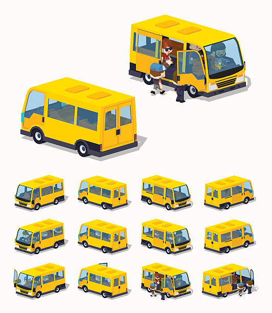 Low poly passenger minivan Passenger minivan. 3D lowpoly isometric vector illustration. The set of objects isolated against the white background and shown from different sides small bus stock illustrations