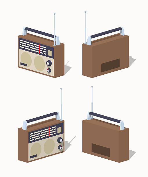 Low poly retro radio set Retro radio set. 3D lowpoly isometric vector illustration. The set of objects isolated against the white background and shown from different sides retro transistor radio clip art stock illustrations
