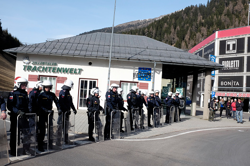 Matrei am Brenner, Austria - April 3, 2016: A protest took place today on the Italian/Austrian border after the Austrian government's decision to send the army to patrol the Brenner border and to stop the passage of migrants.