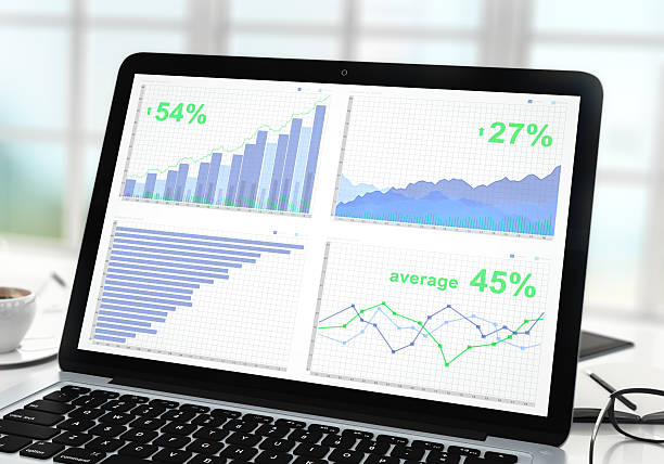 istock Business statistics on laptop screen with cup of coffee 519084220