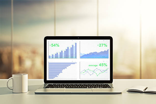 Laptop with financial statistics on a desktop