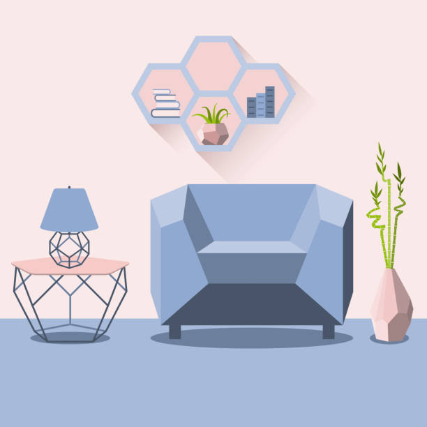 Vector illustration with sofa, luminaire and bamboo vector art illustration